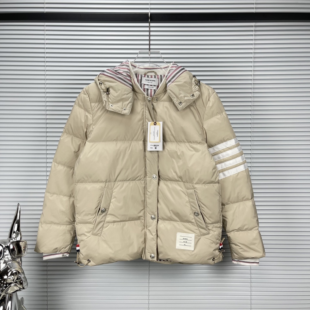 Thom Browne Clothing Down Jacket Beige Black White Unisex Duck Down Fashion Hooded Top
