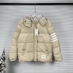 Thom Browne Clothing Down Jacket Beige Black White Unisex Duck Down Fashion Hooded Top