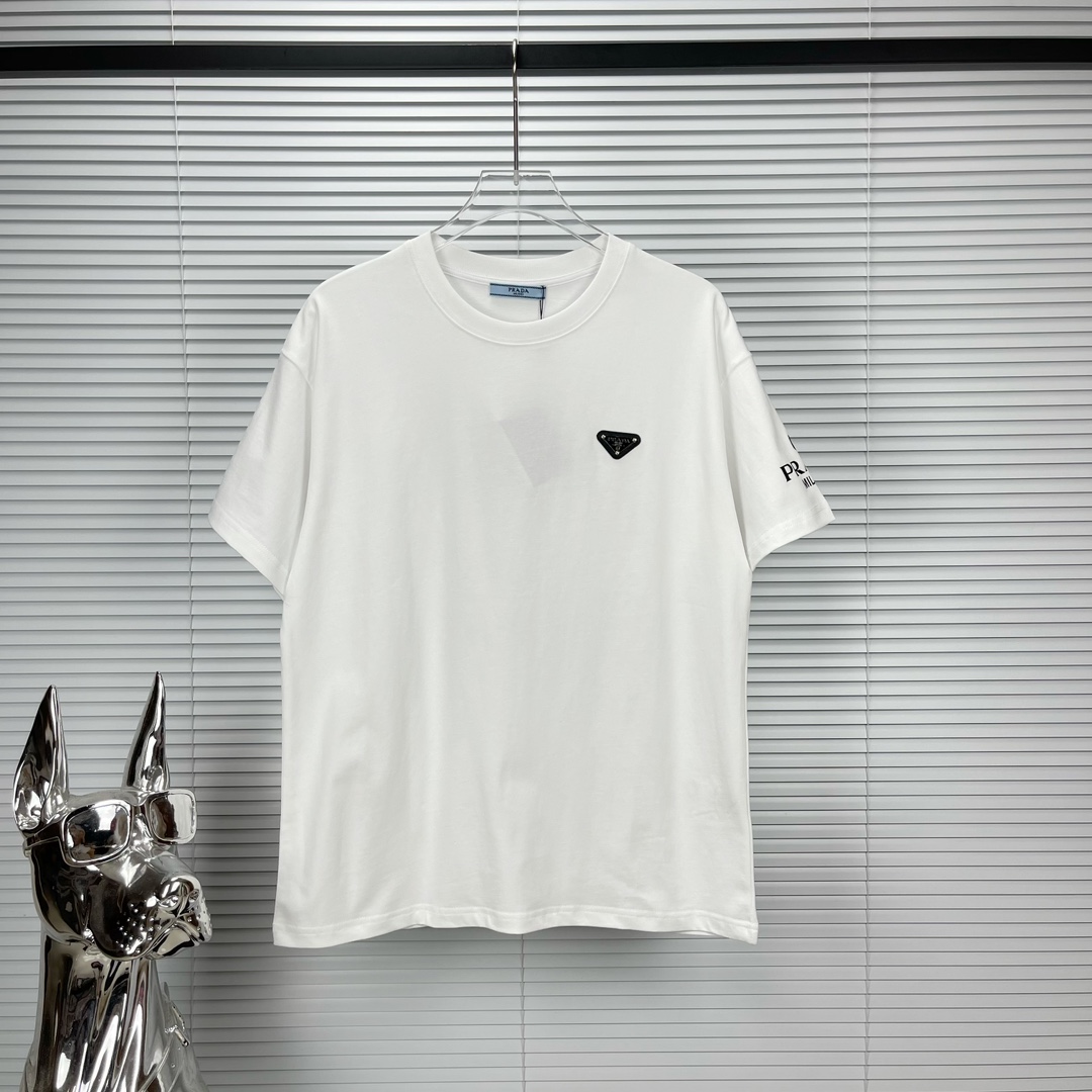 Prada Clothing T-Shirt Black White Printing Unisex Cotton Fashion Short Sleeve