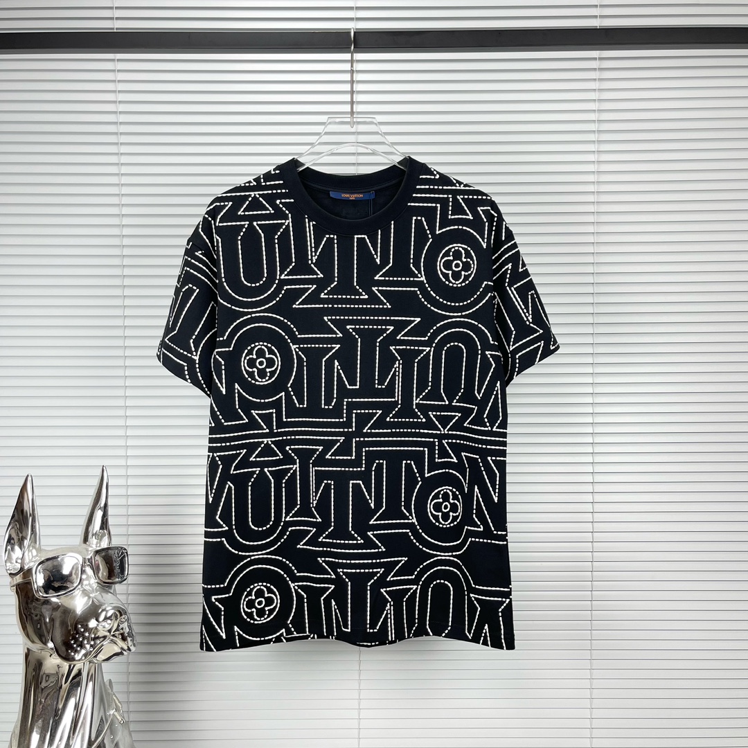 Louis Vuitton Clothing T-Shirt Black White Printing Unisex Cotton Fashion Short Sleeve