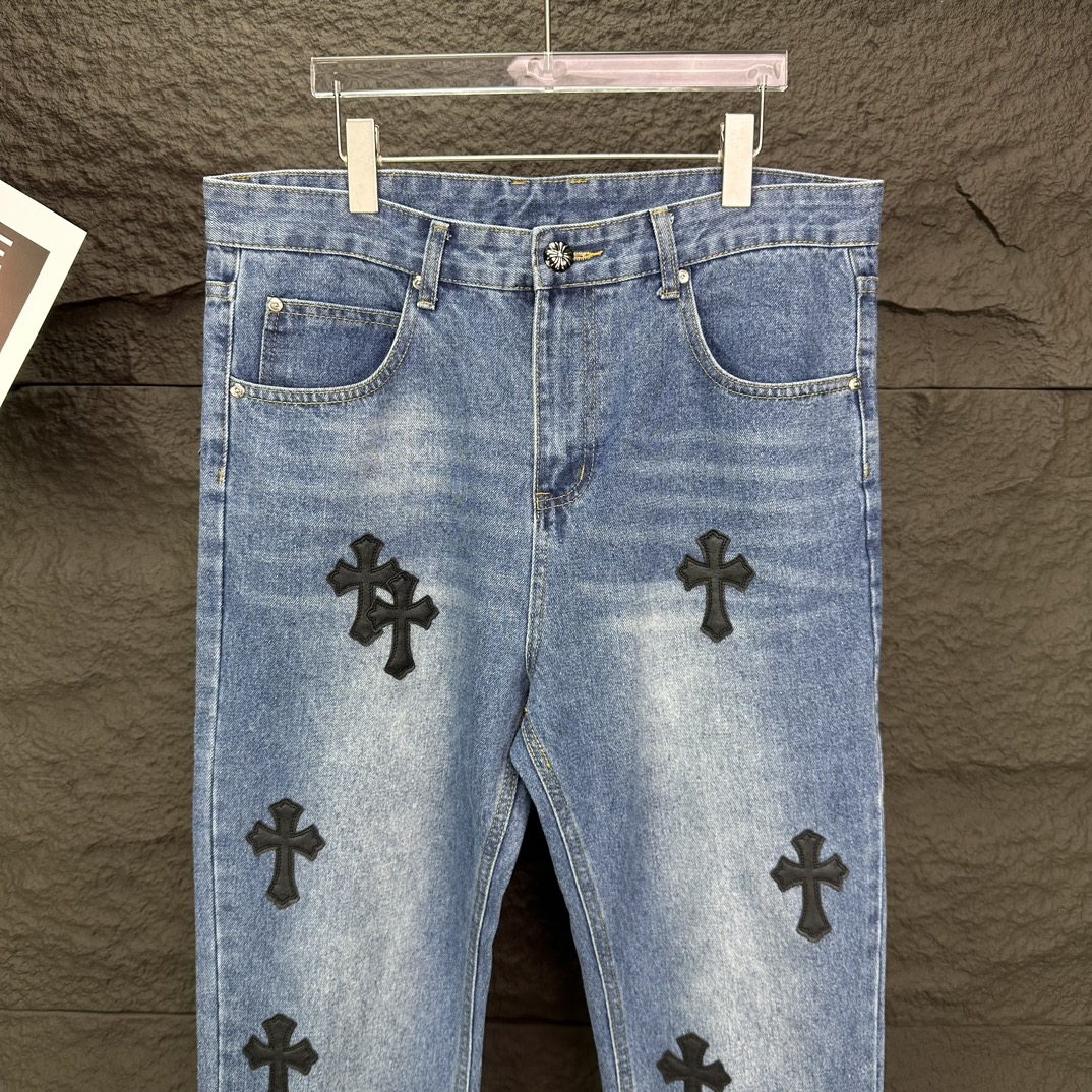 Chrome Hearts 克罗心2024新款十字架黑色贴皮水洗牛仔裤