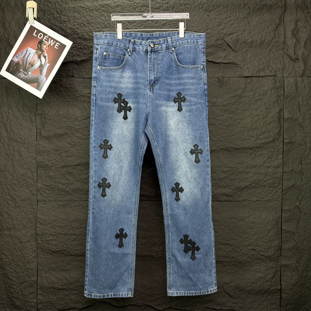 Chrome Hearts 克罗心2024新款十字架黑色贴皮水洗牛仔裤