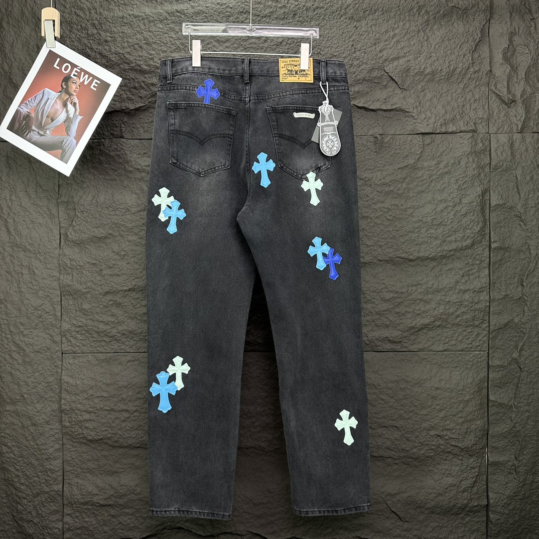 Chrome Hearts 克罗心2024新款十字架蓝粉贴皮水洗牛仔裤