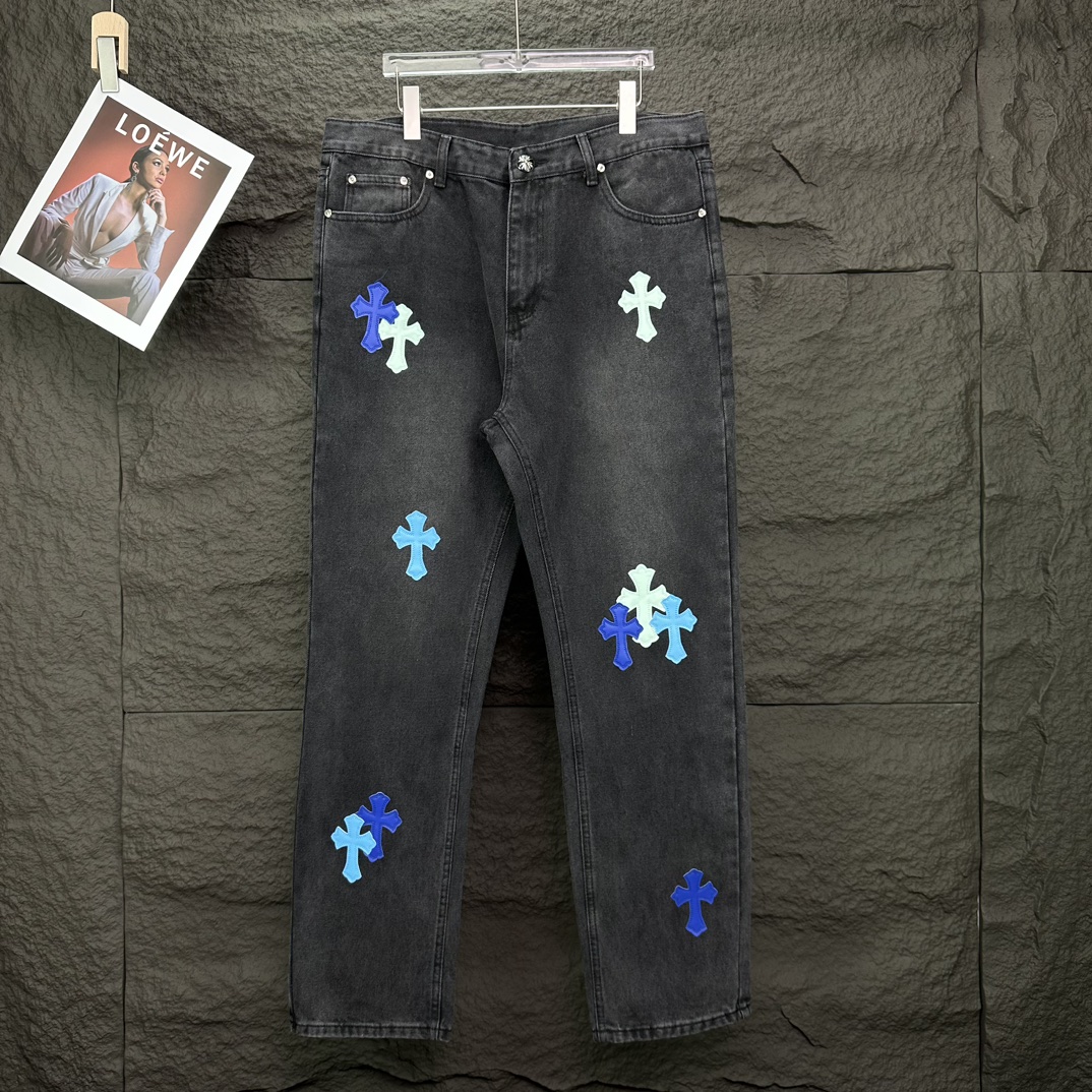 Chrome Hearts 克罗心2024新款十字架蓝粉贴皮水洗牛仔裤