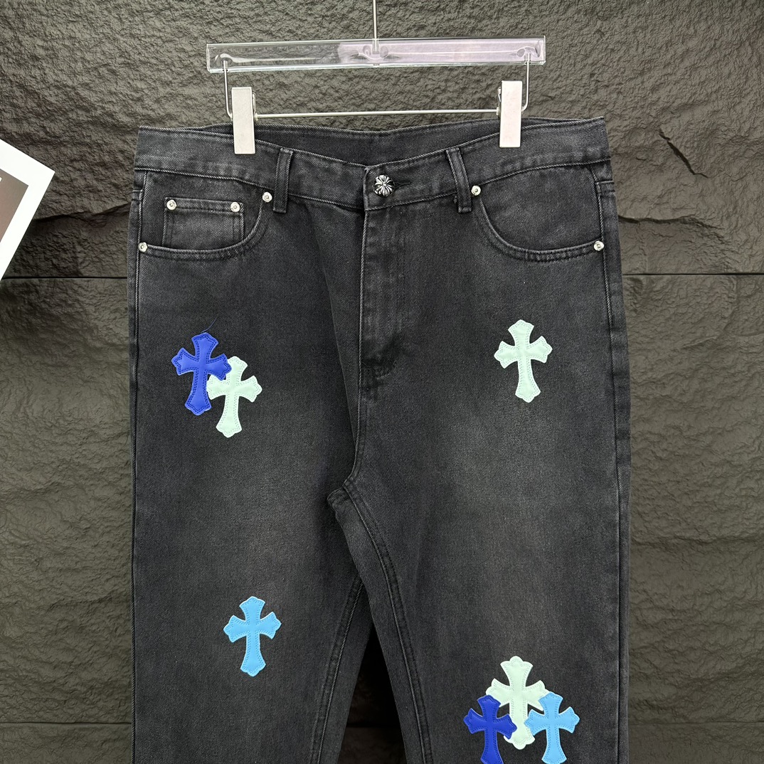 Chrome Hearts 克罗心2024新款十字架蓝粉贴皮水洗牛仔裤