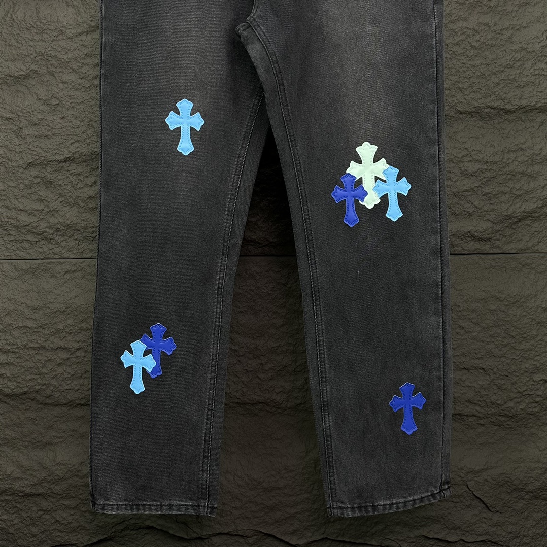 Chrome Hearts 克罗心2024新款十字架蓝粉贴皮水洗牛仔裤