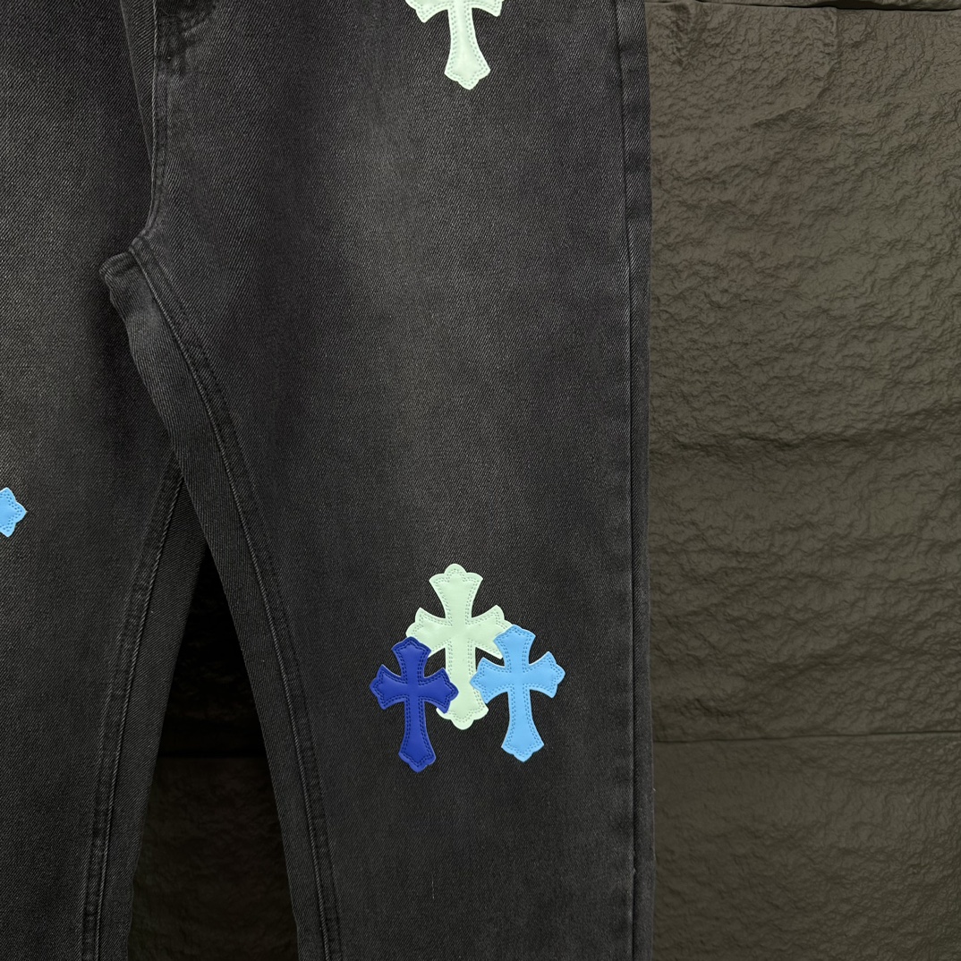 Chrome Hearts 克罗心2024新款十字架蓝粉贴皮水洗牛仔裤