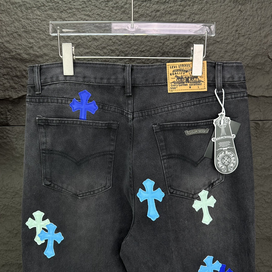 Chrome Hearts 克罗心2024新款十字架蓝粉贴皮水洗牛仔裤