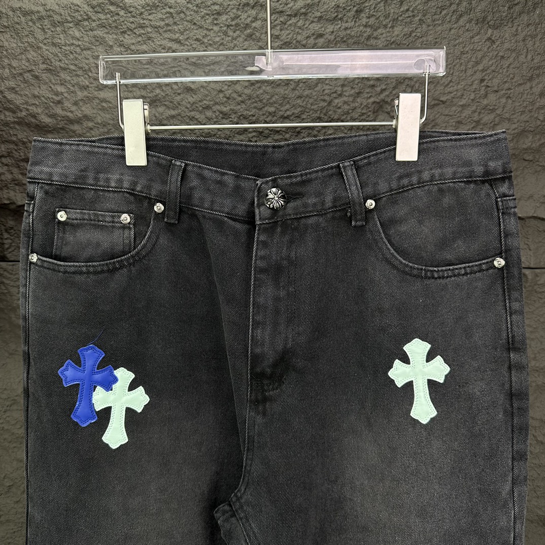 Chrome Hearts 克罗心2024新款十字架蓝粉贴皮水洗牛仔裤
