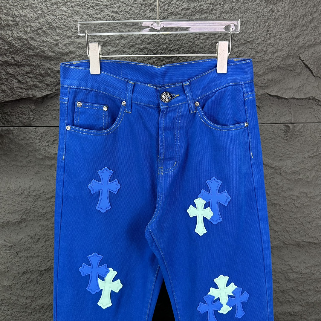 Chrome Hearts 克罗心2025新款重工多巴胺蓝十字架贴皮 水洗牛仔裤