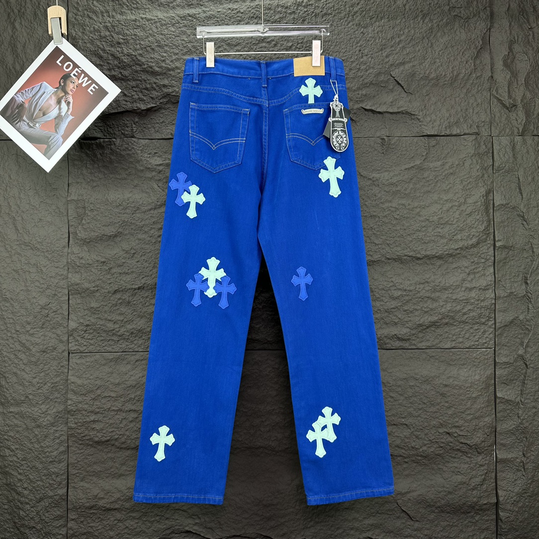 Chrome Hearts 克罗心2025新款重工多巴胺蓝十字架贴皮 水洗牛仔裤