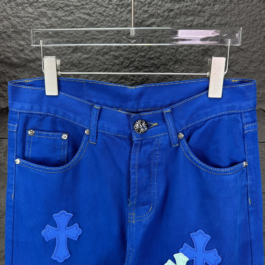 Chrome Hearts 克罗心2025新款重工多巴胺蓝十字架贴皮 水洗牛仔裤