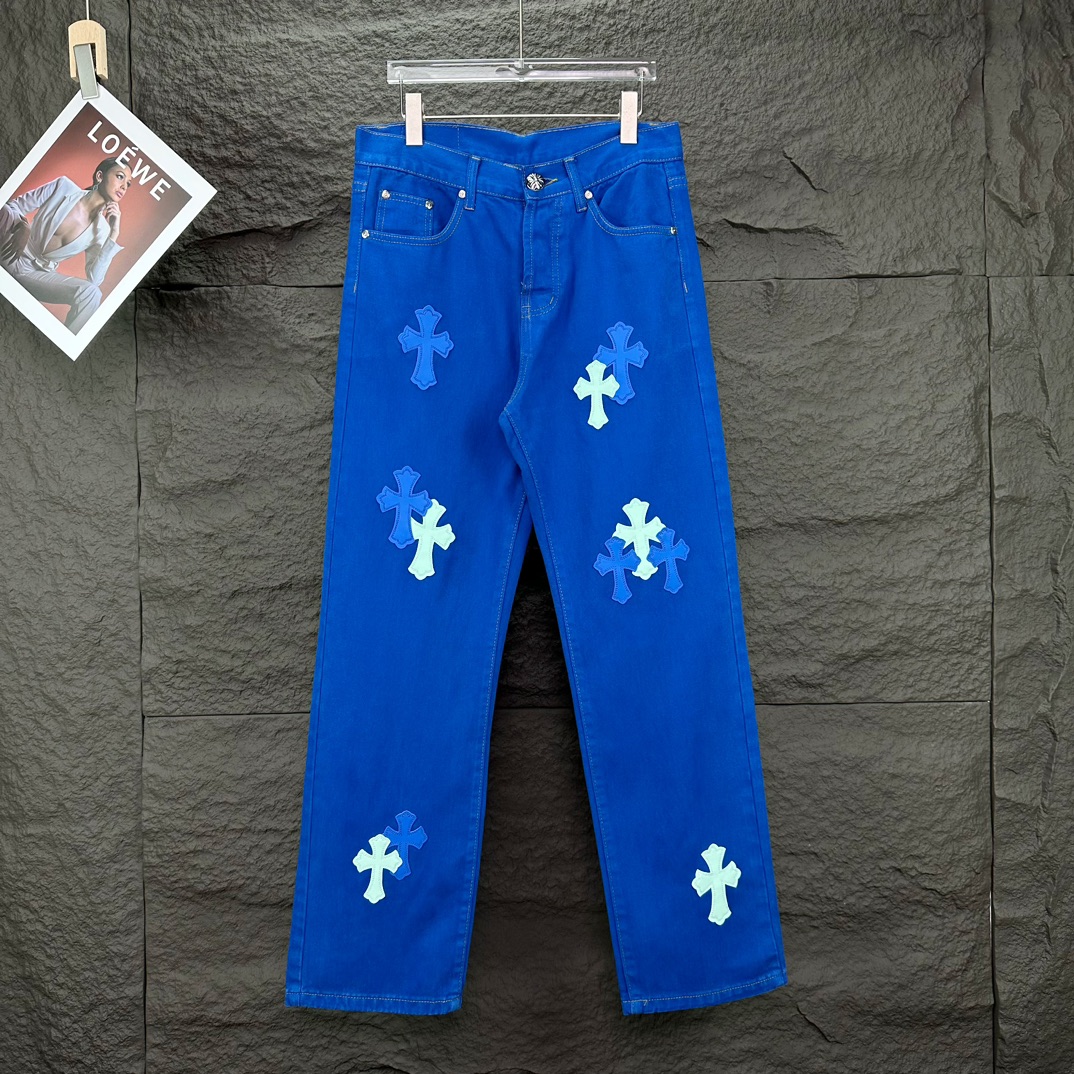 Chrome Hearts 克罗心2025新款重工多巴胺蓝十字架贴皮 水洗牛仔裤