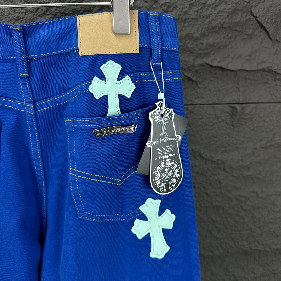 Chrome Hearts 克罗心2025新款重工多巴胺蓝十字架贴皮 水洗牛仔裤