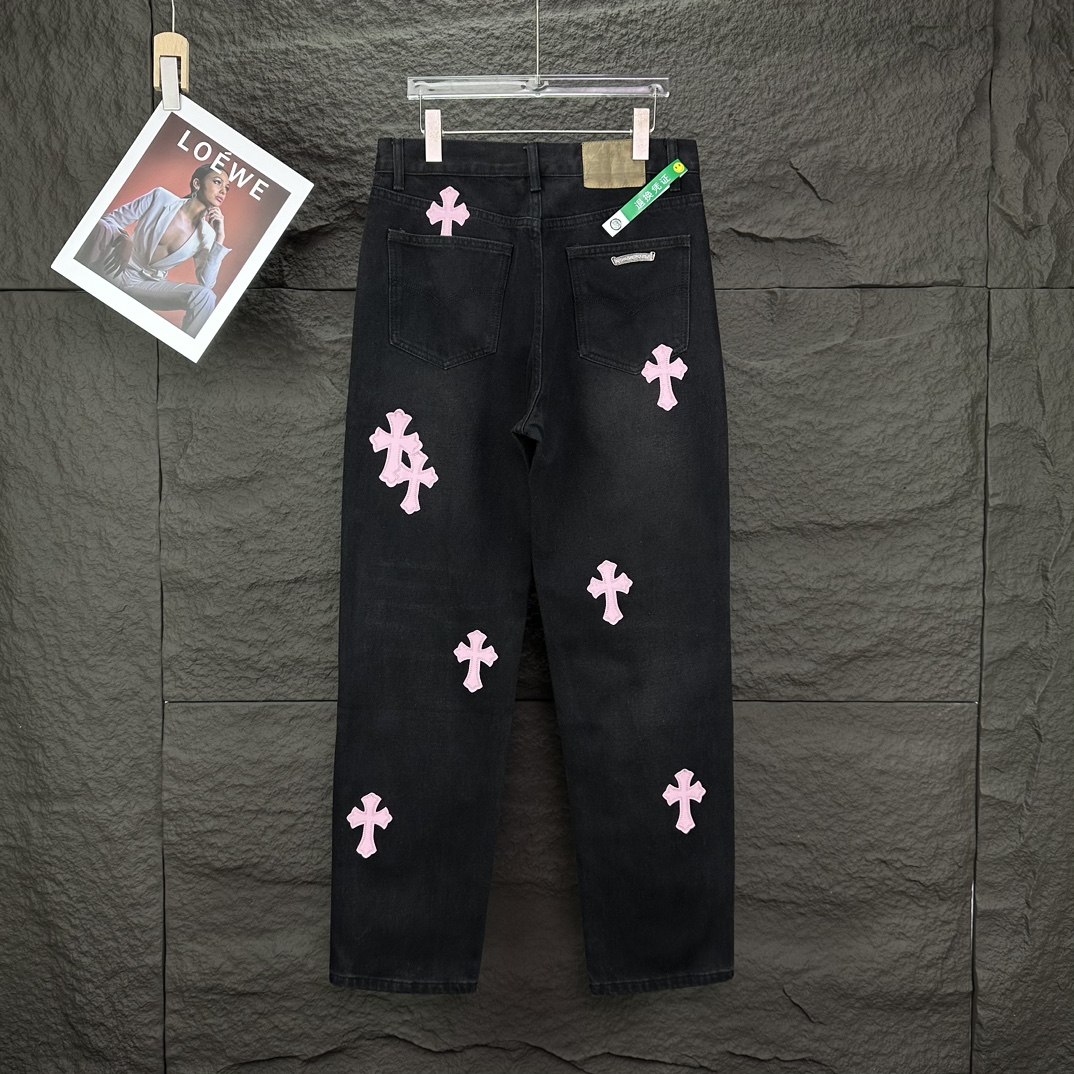 Chrome Hearts 克罗心2024新款粉色十字架贴皮水洗牛仔裤
