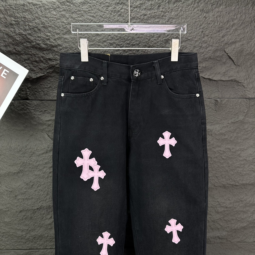 Chrome Hearts 克罗心2024新款粉色十字架贴皮水洗牛仔裤
