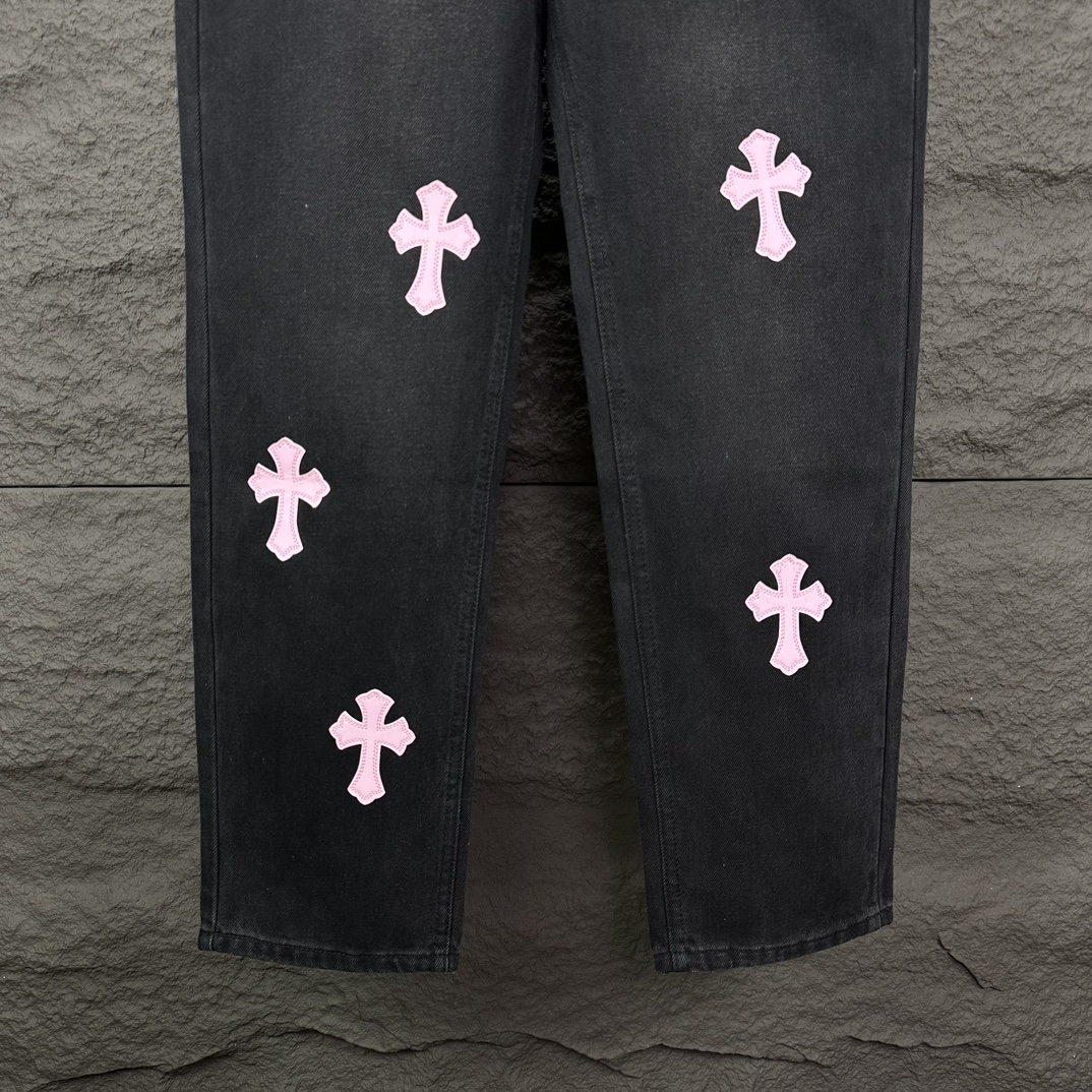 Chrome Hearts 克罗心2024新款粉色十字架贴皮水洗牛仔裤