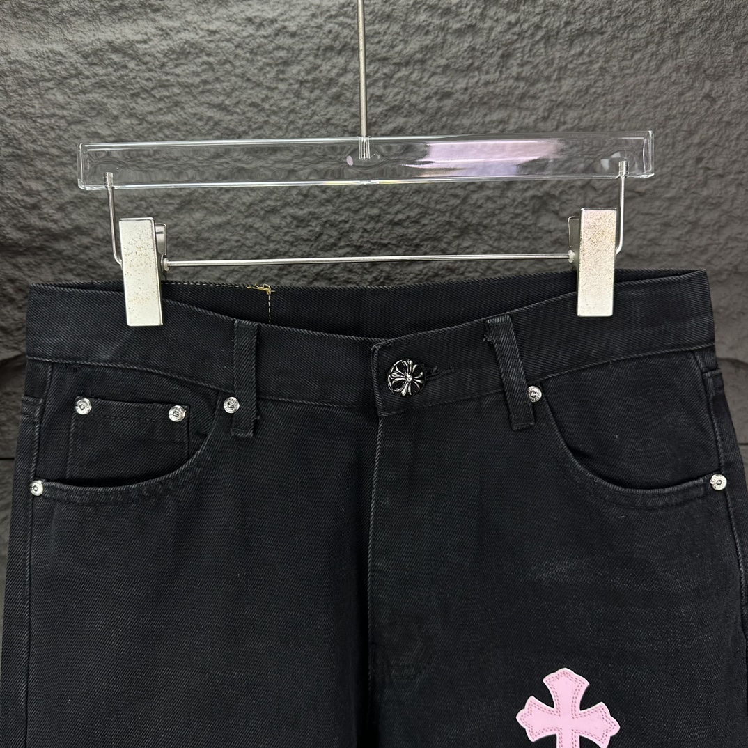Chrome Hearts 克罗心2024新款粉色十字架贴皮水洗牛仔裤