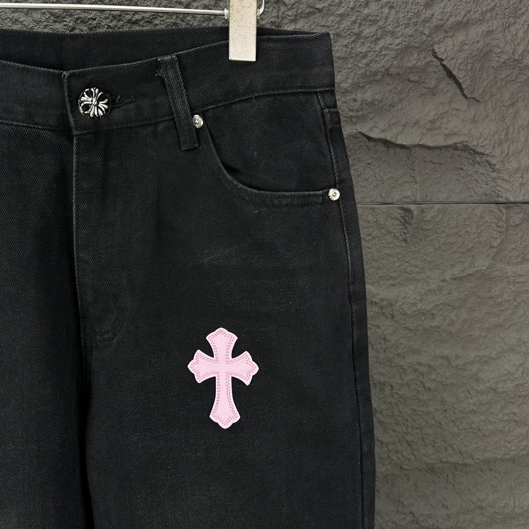 Chrome Hearts 克罗心2024新款粉色十字架贴皮水洗牛仔裤