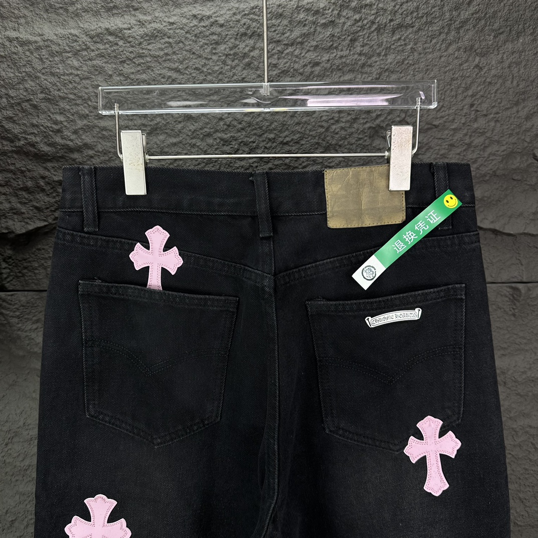 Chrome Hearts 克罗心2024新款粉色十字架贴皮水洗牛仔裤