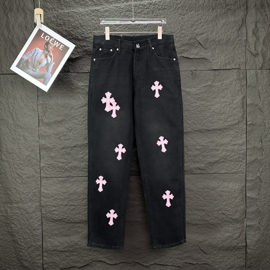 Chrome Hearts 克罗心2024新款粉色十字架贴皮水洗牛仔裤