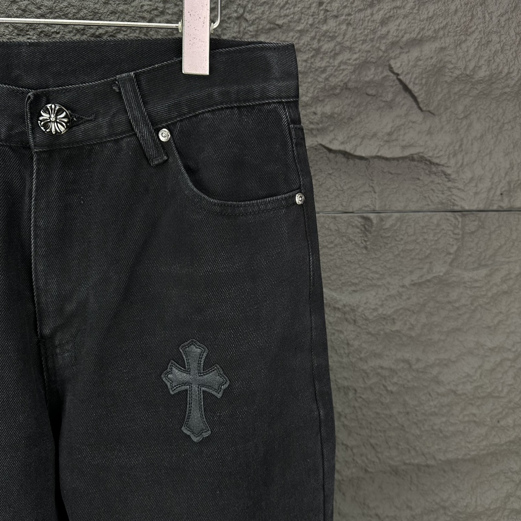 Chrome Hearts 克罗心2024新款黑色十字架贴皮水洗牛仔裤