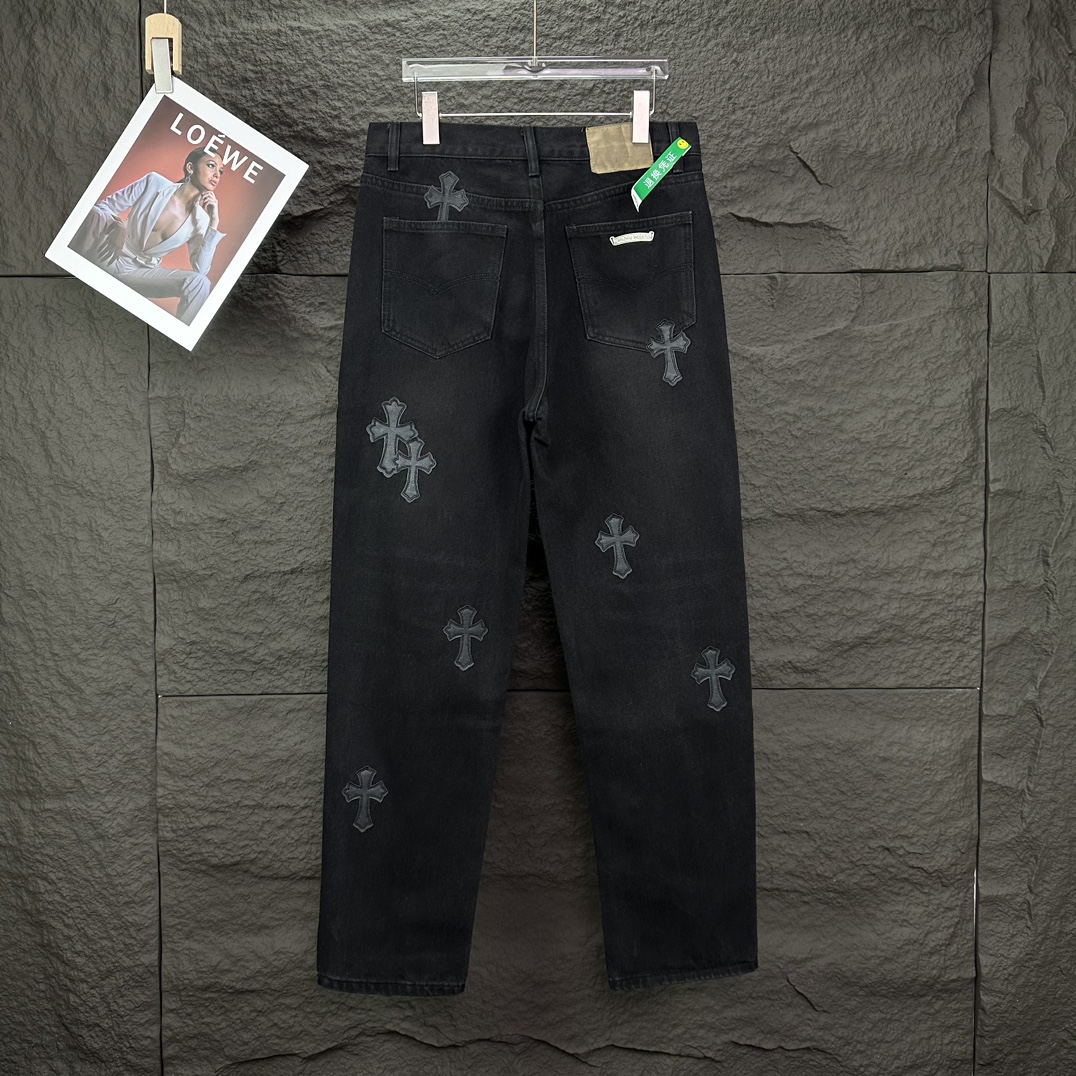 Chrome Hearts 克罗心2024新款黑色十字架贴皮水洗牛仔裤