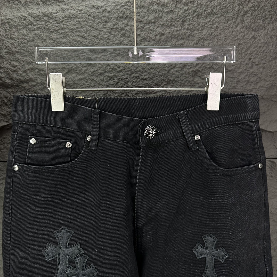 Chrome Hearts 克罗心2024新款黑色十字架贴皮水洗牛仔裤
