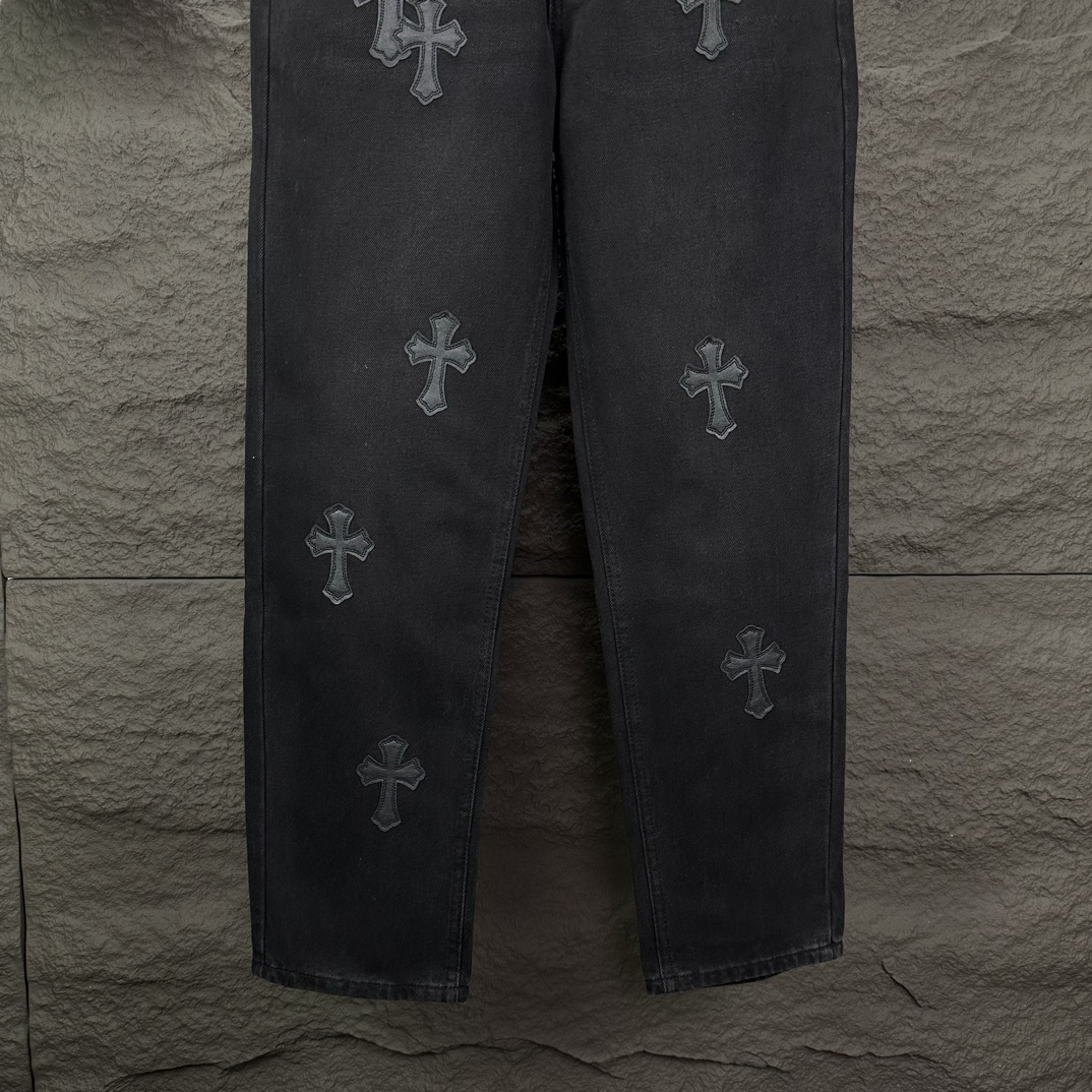 Chrome Hearts 克罗心2024新款黑色十字架贴皮水洗牛仔裤
