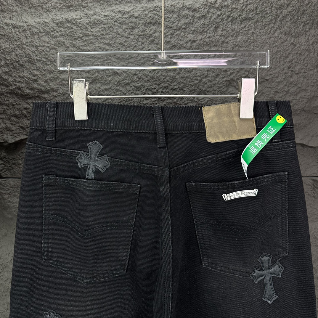 Chrome Hearts 克罗心2024新款黑色十字架贴皮水洗牛仔裤