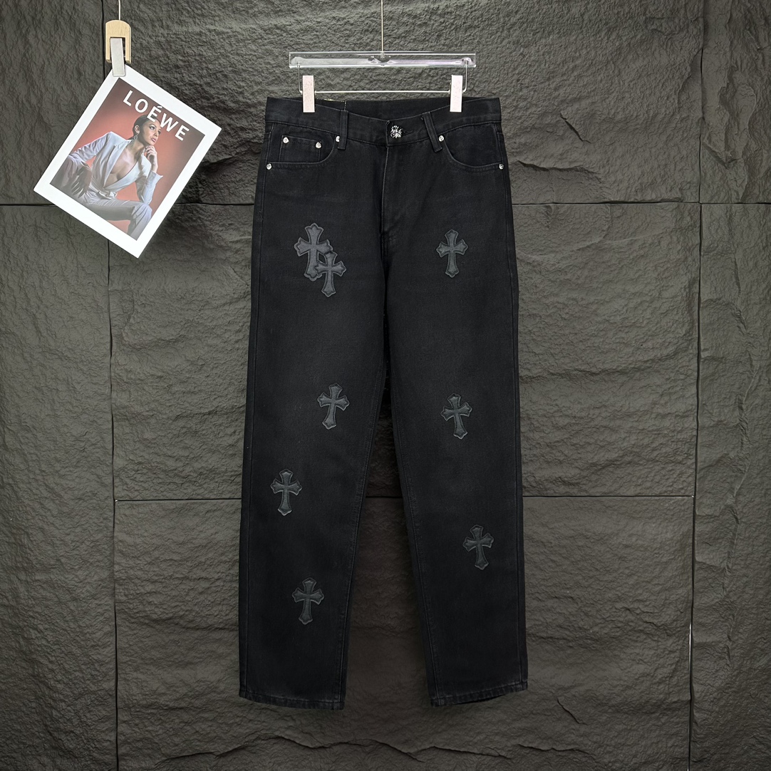 Chrome Hearts 克罗心2024新款黑色十字架贴皮水洗牛仔裤
