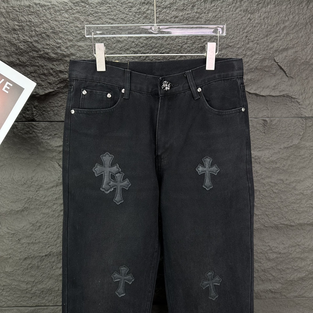 Chrome Hearts 克罗心2024新款黑色十字架贴皮水洗牛仔裤