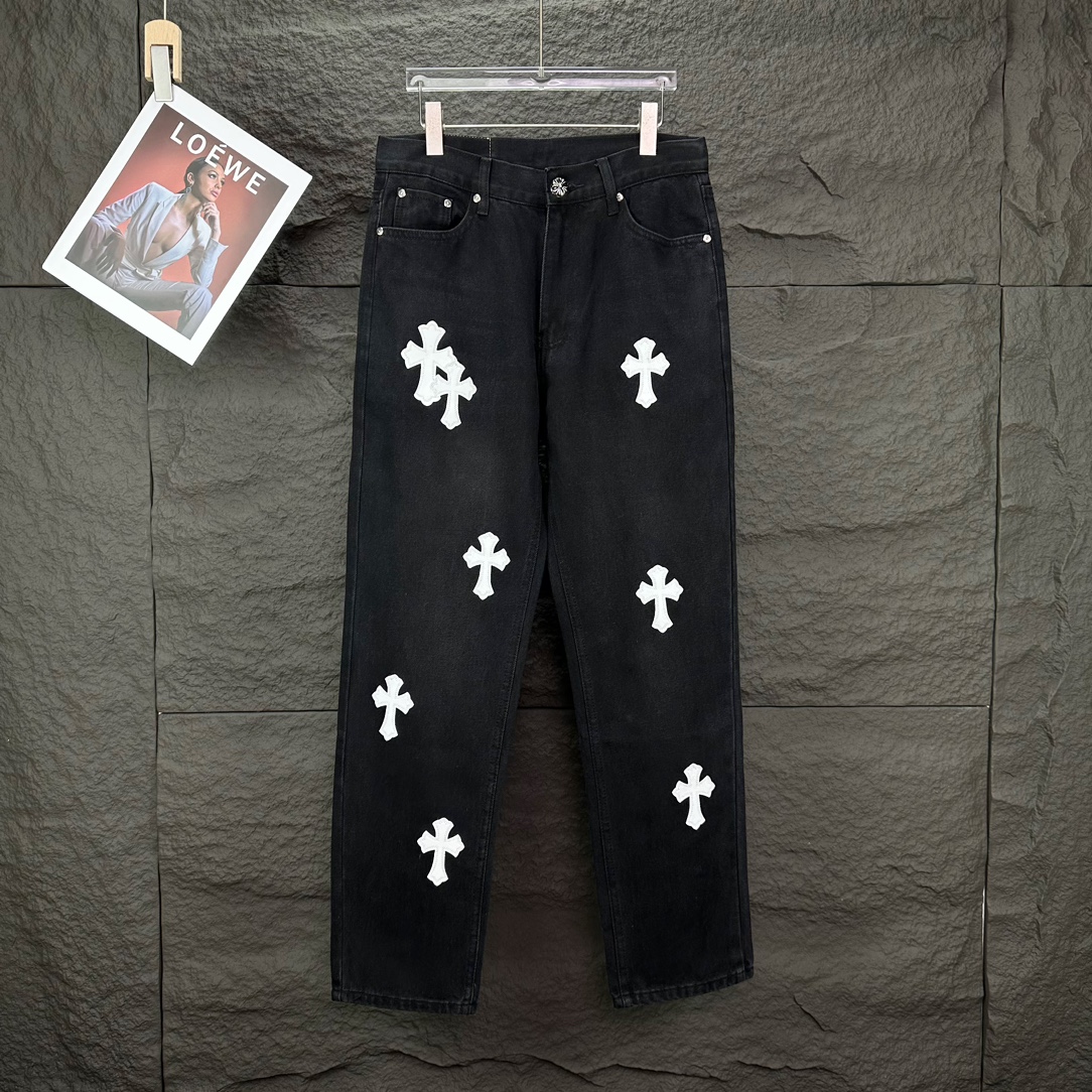 Chrome Hearts 克罗心2024新款白色十字架贴皮水洗牛仔裤