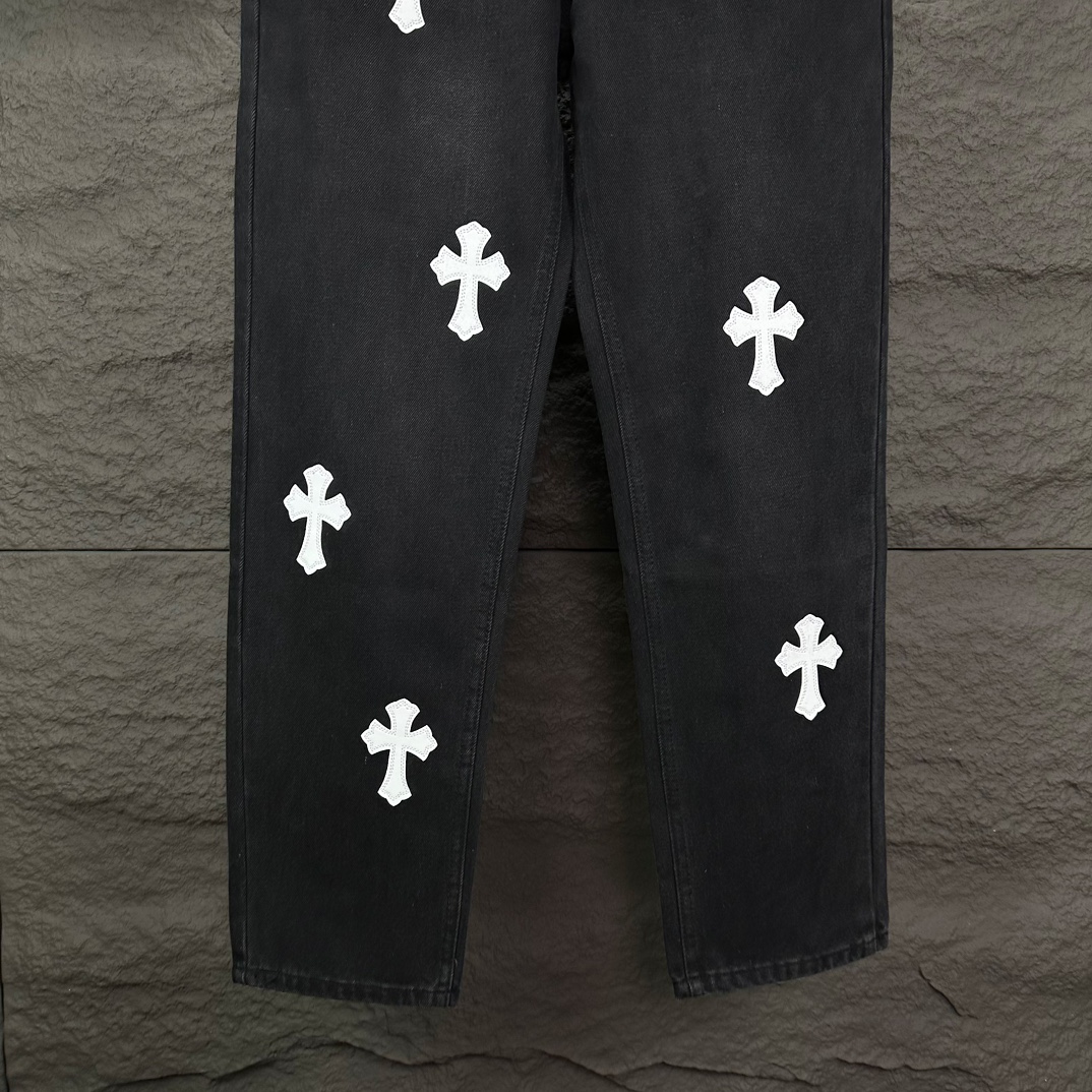 Chrome Hearts 克罗心2024新款白色十字架贴皮水洗牛仔裤