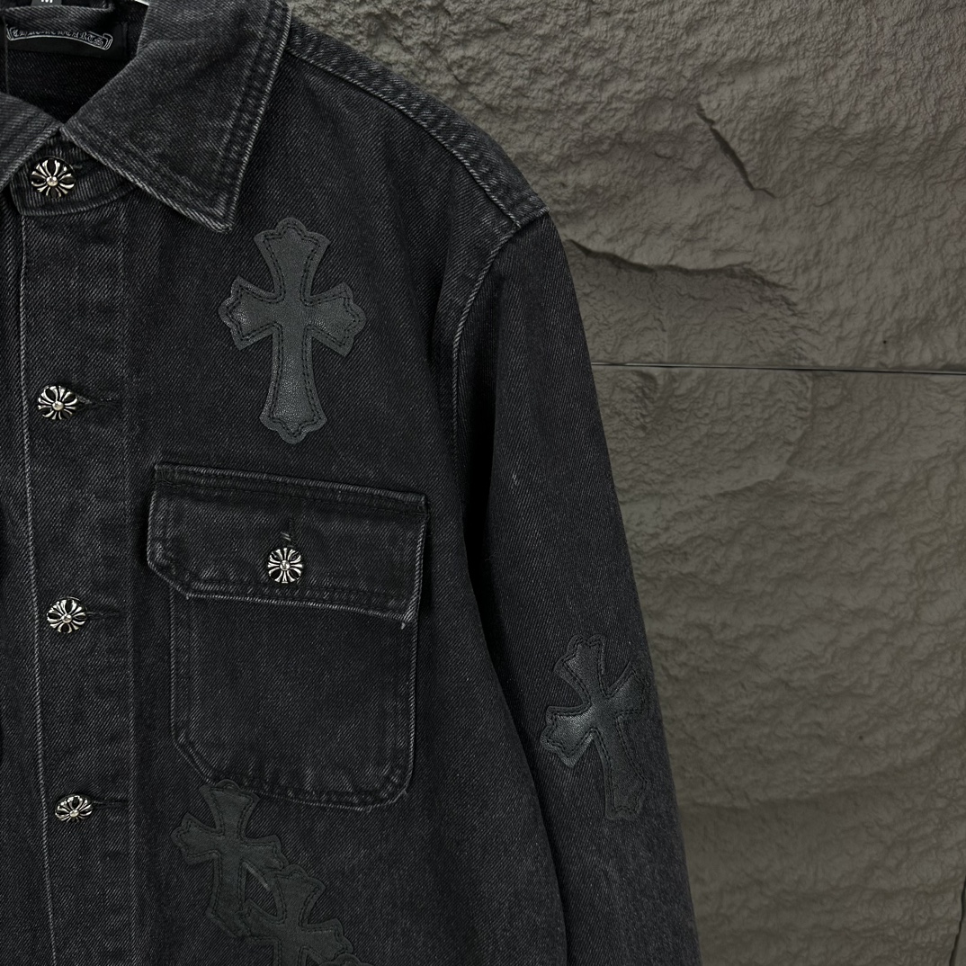 Chrome Hearts 克罗心2024新款黑色十字架贴皮 水洗牛仔外套