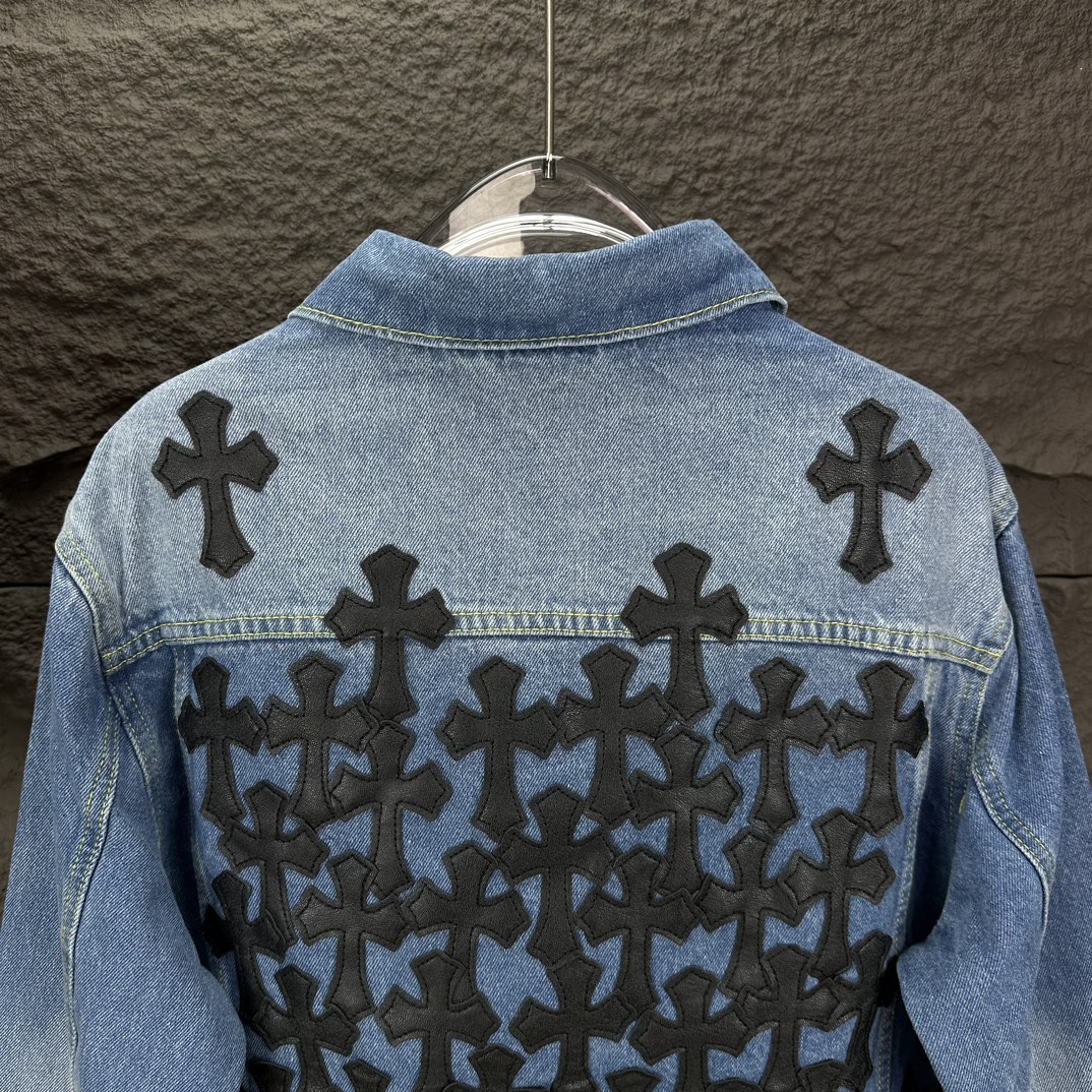 Chrome Hearts 克罗心2024新款重工黑色十字架贴皮 水洗牛仔外套