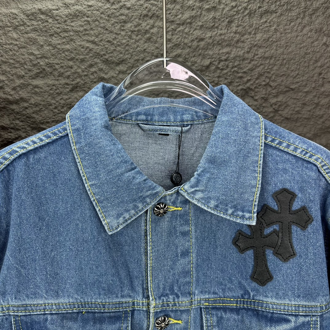 Chrome Hearts 克罗心2024新款重工黑色十字架贴皮 水洗牛仔外套