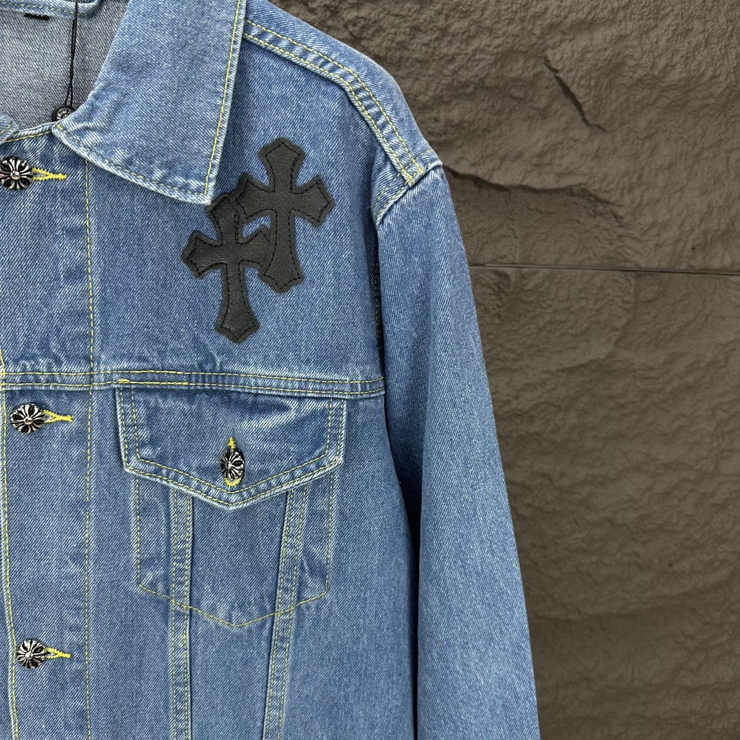 Chrome Hearts 克罗心2024新款重工黑色十字架贴皮 水洗牛仔外套
