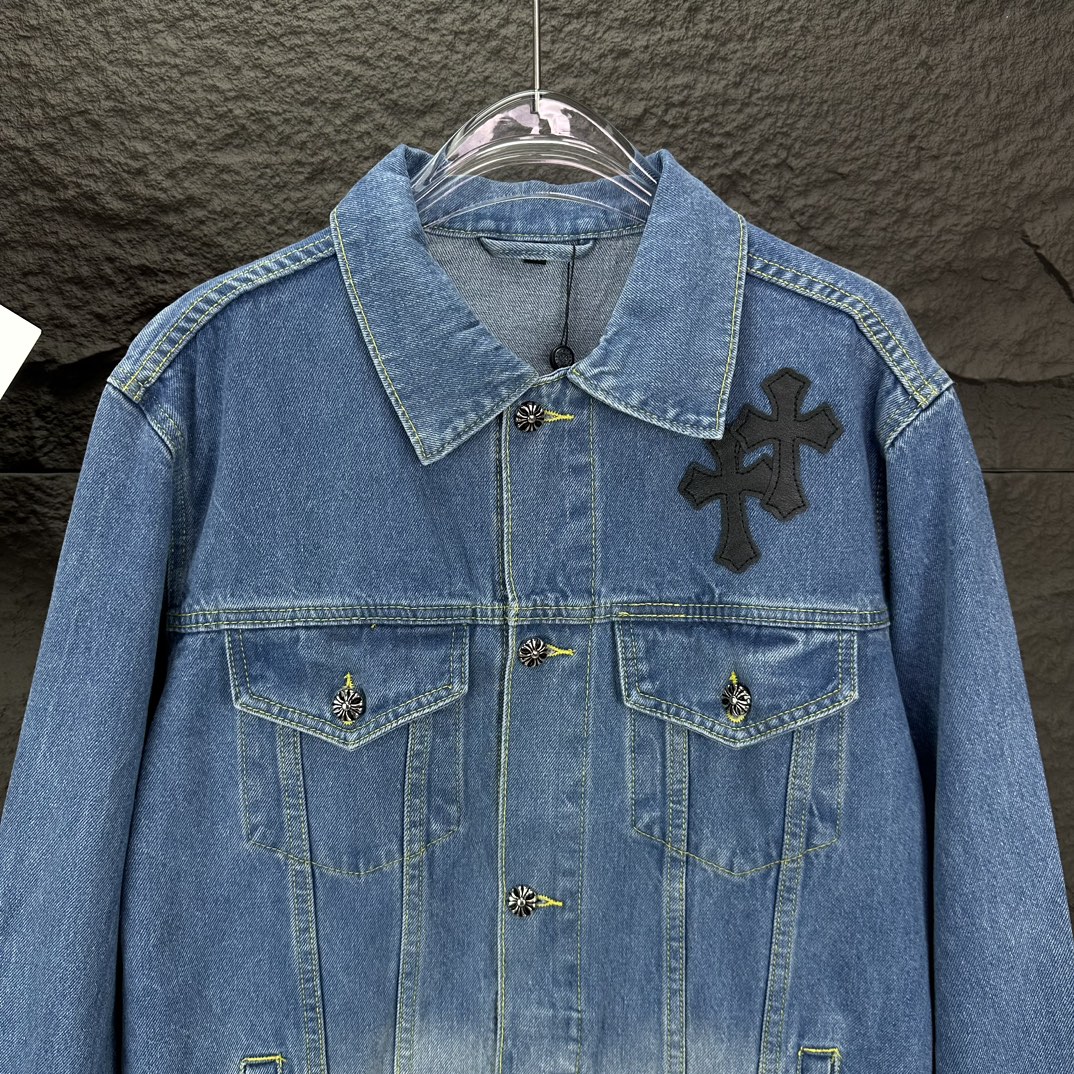Chrome Hearts 克罗心2024新款重工黑色十字架贴皮 水洗牛仔外套