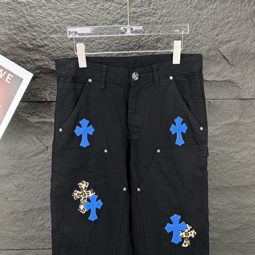 Chrome Hearts 克罗心2024新款重工帆布牛王十字架贴皮 水洗牛仔裤