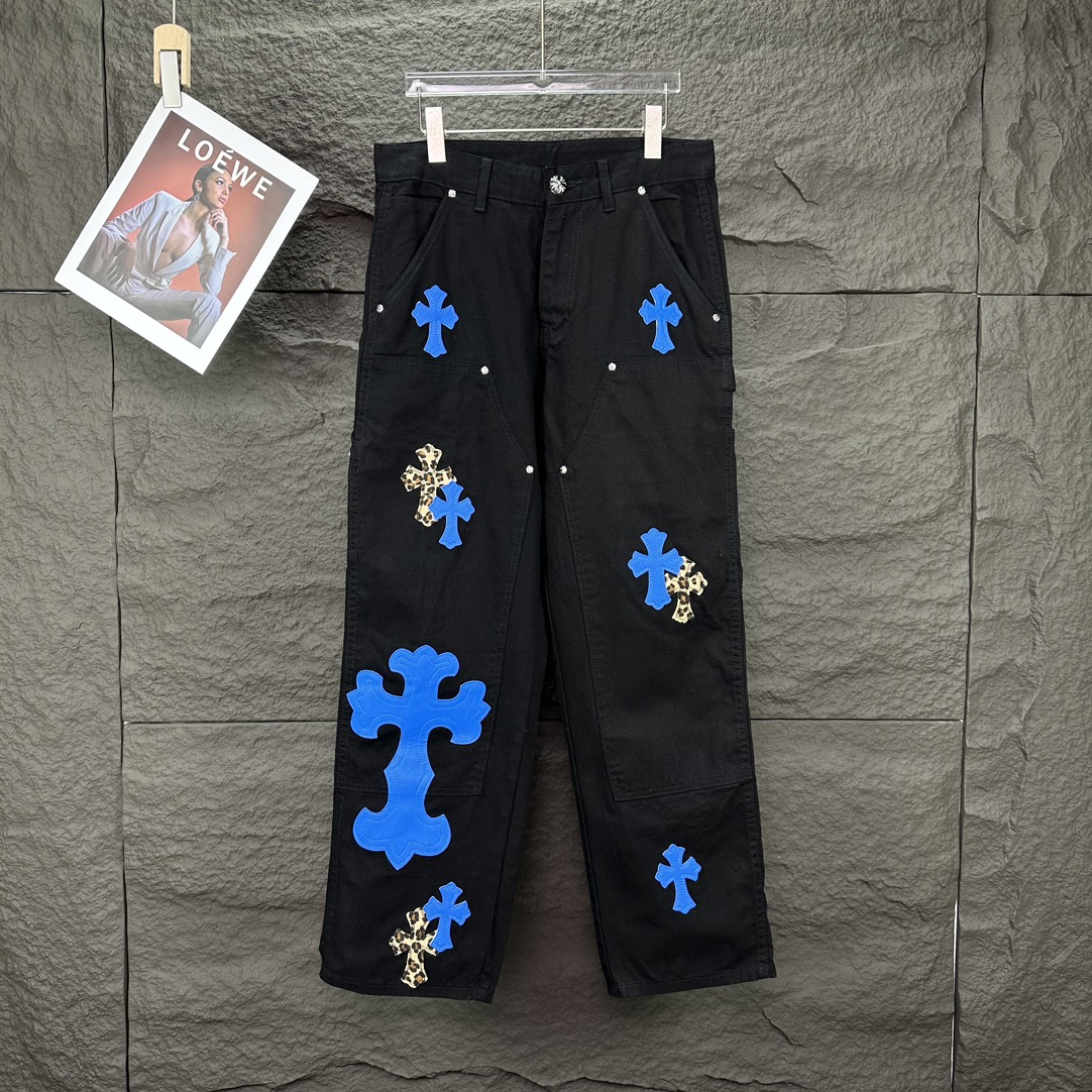 Chrome Hearts 克罗心2024新款重工帆布牛王十字架贴皮 水洗牛仔裤