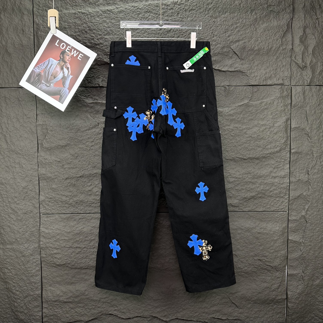Chrome Hearts 克罗心2024新款重工帆布牛王十字架贴皮 水洗牛仔裤