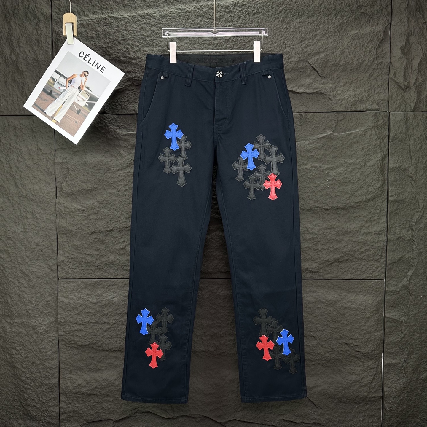 Chrome Hearts 克罗心2025新款黑蓝红十字架贴皮 水洗牛仔裤
