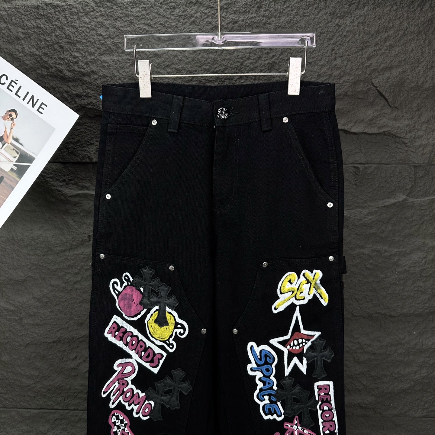 Chrome Hearts 克罗心2025新款伐木彩色涂鸦印花十字架拼皮 水洗牛仔裤