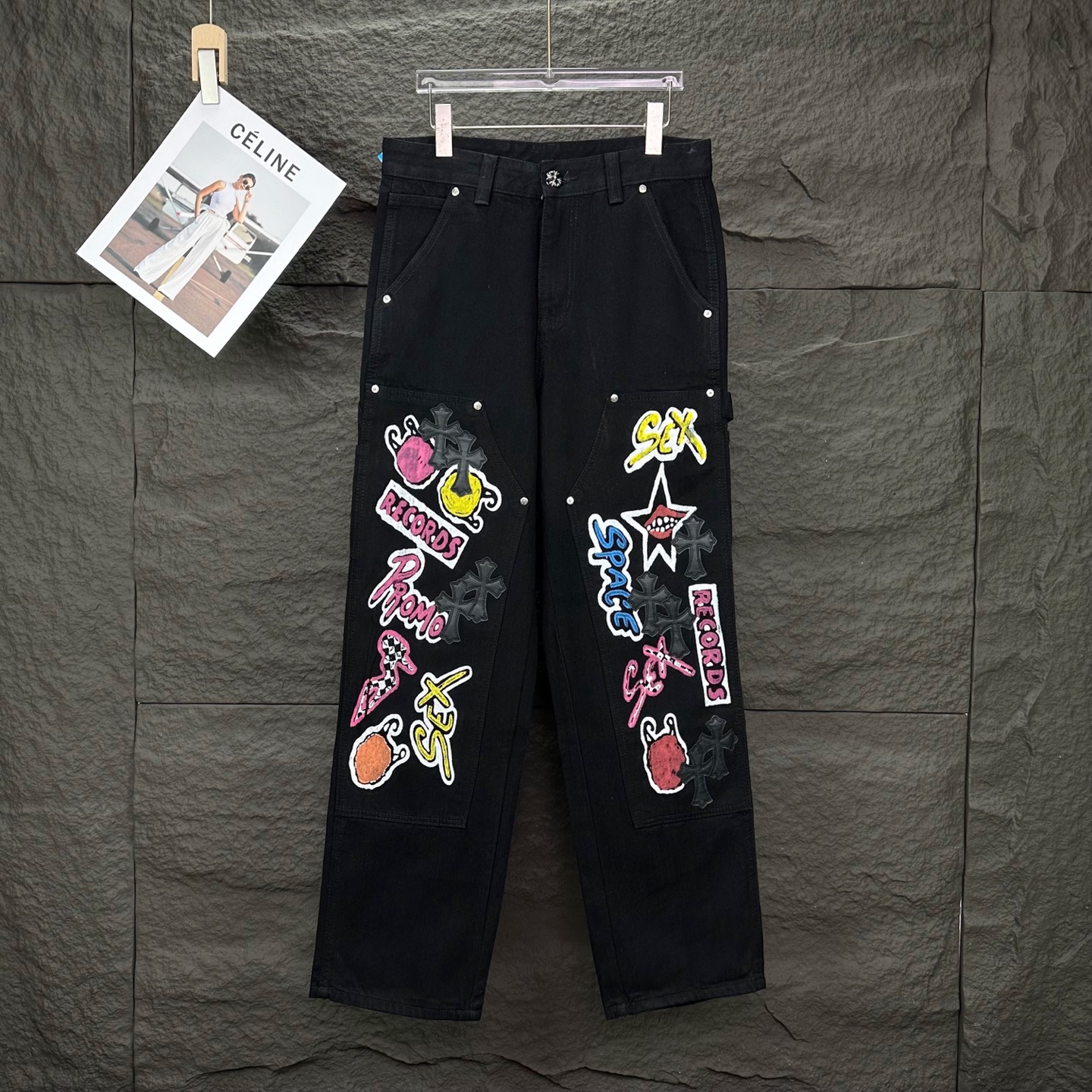 Chrome Hearts 克罗心2025新款伐木彩色涂鸦印花十字架拼皮 水洗牛仔裤