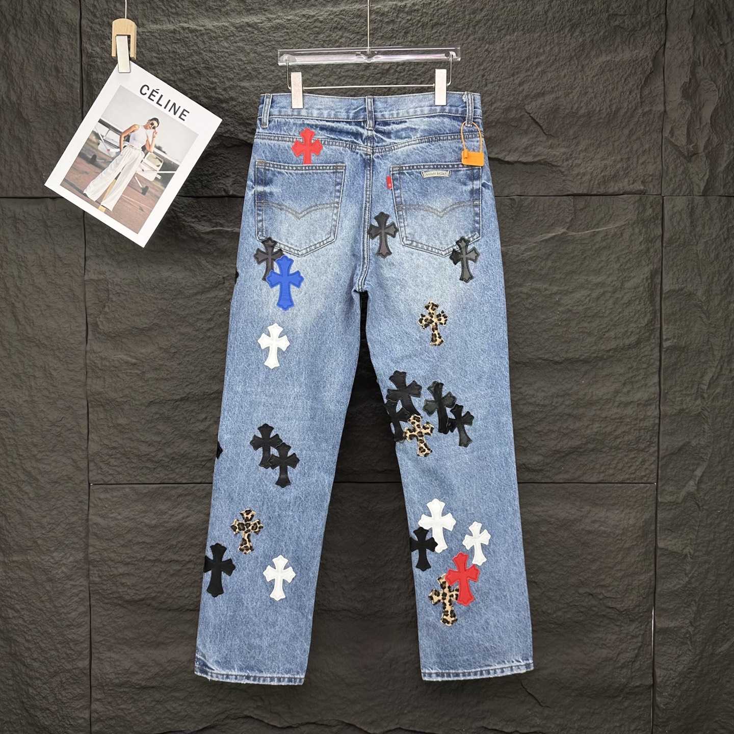 Chrome Hearts 克罗心2025新款多处彩色豹纹十字架拼皮 水洗宽松牛仔裤