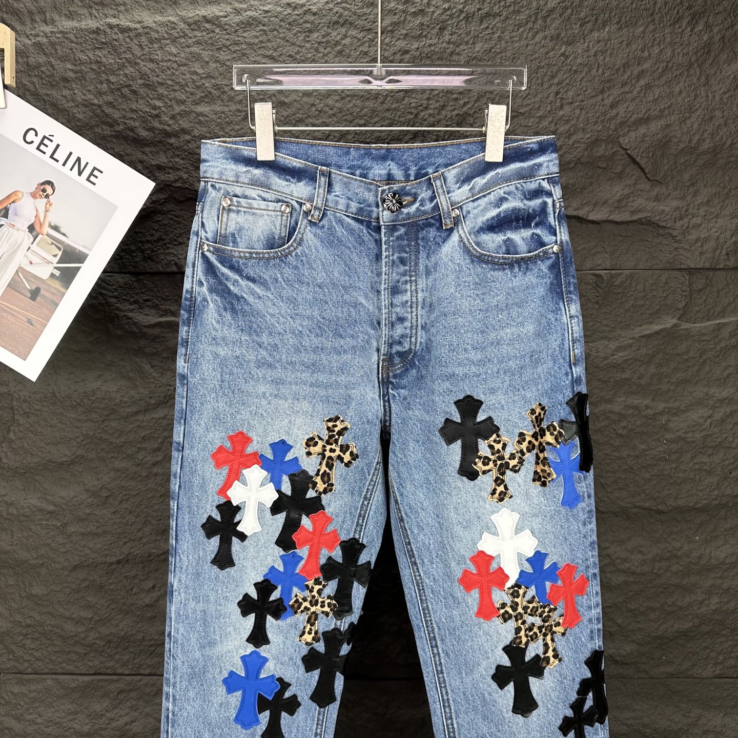 Chrome Hearts 克罗心2025新款多处彩色豹纹十字架拼皮 水洗宽松牛仔裤