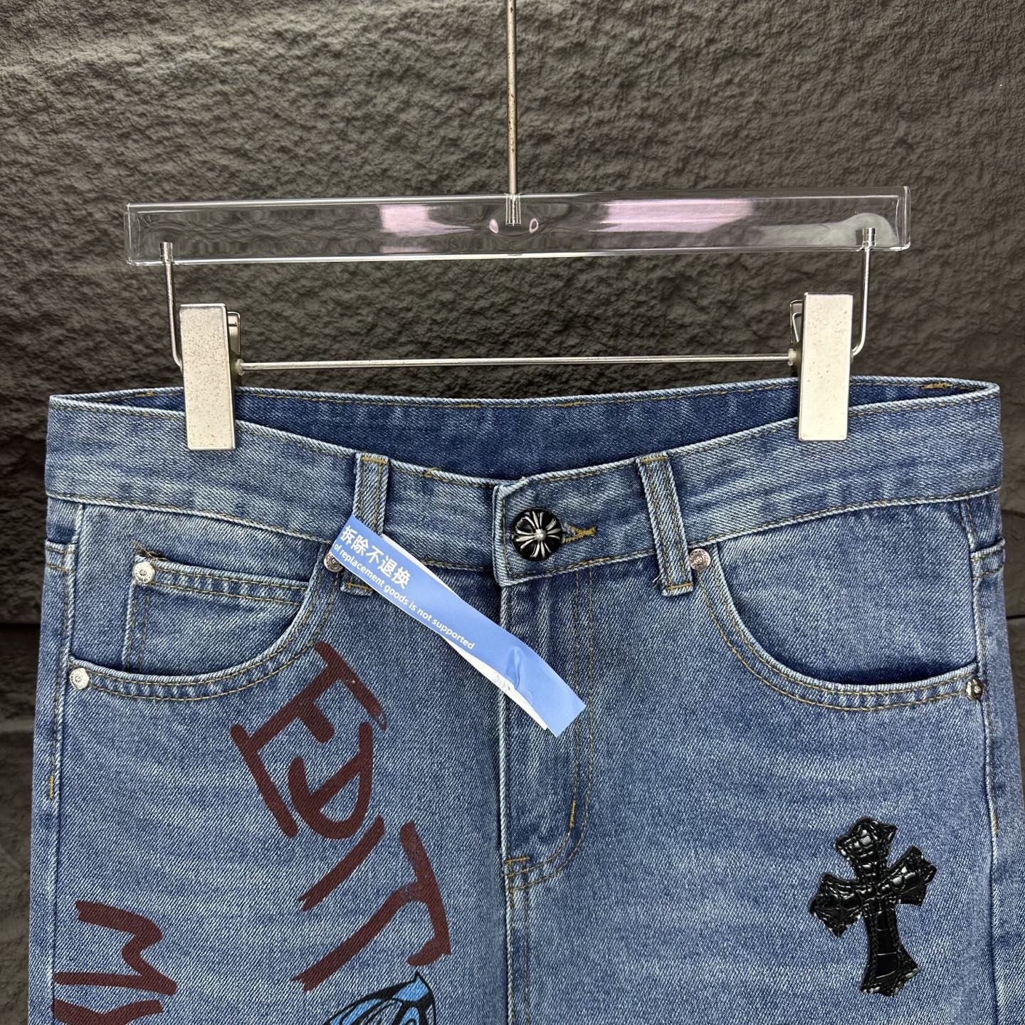 Chrome Hearts 克罗心2025新款卡通字母印花十字架拼皮 水洗宽松牛仔裤