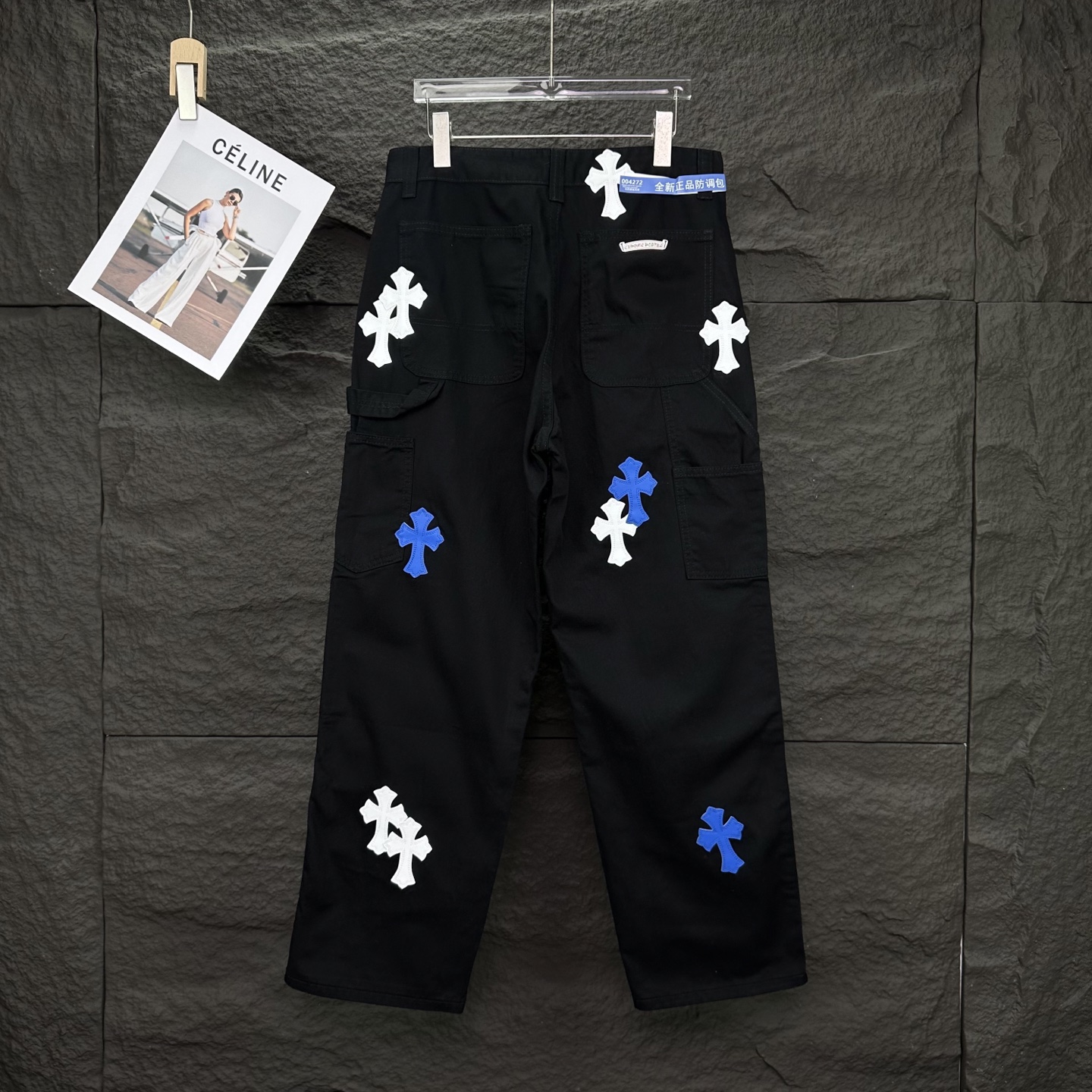 Chrome Hearts 克罗心2025新款工装伐木蓝白十字架拼皮 宽松牛仔裤