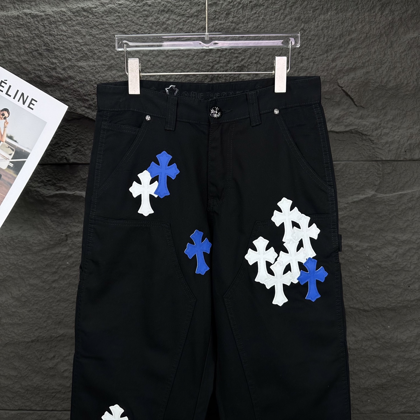 Chrome Hearts 克罗心2025新款工装伐木蓝白十字架拼皮 宽松牛仔裤